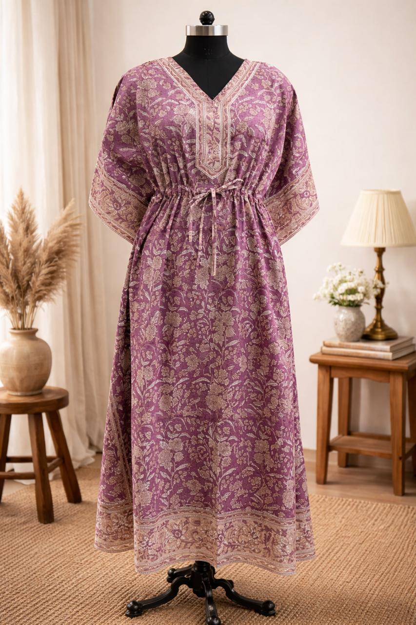 Handblock Printed Mul Cotton Long Kaftan