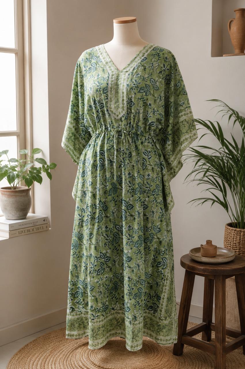 Handblock Printed Mul Cotton Long Kaftan