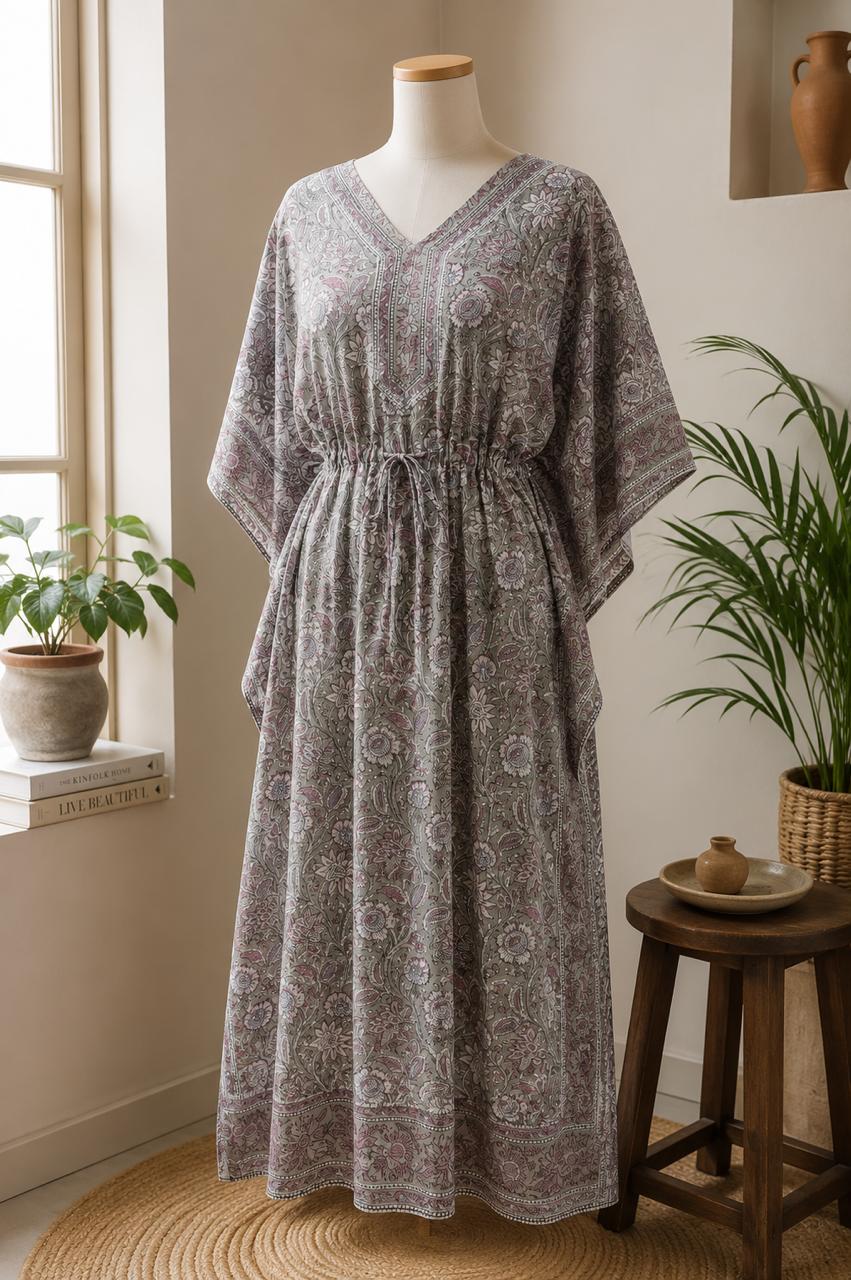 Handblock Printed Mul Cotton Long Kaftan