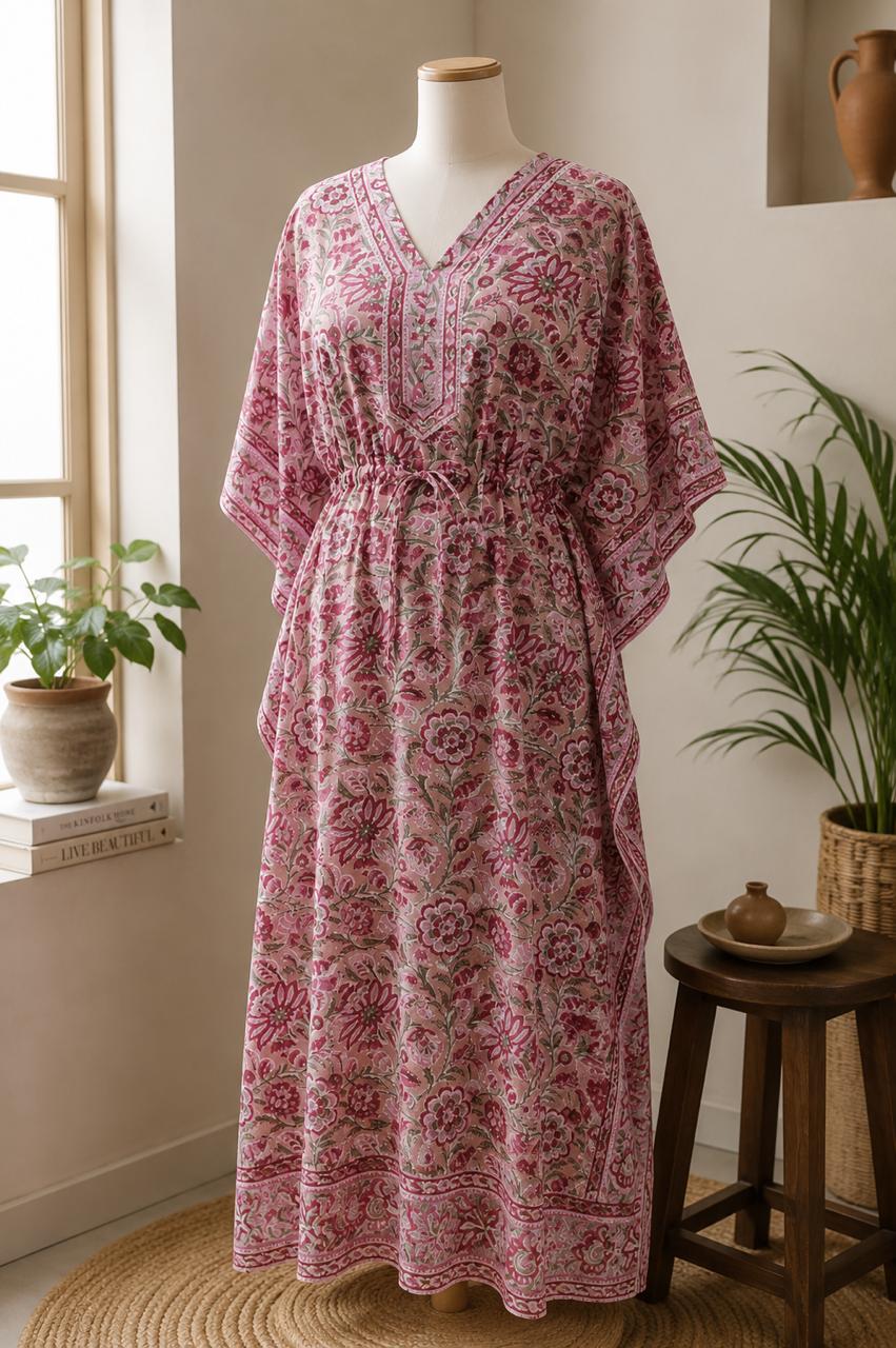 Handblock Printed Mul Cotton Long Kaftan